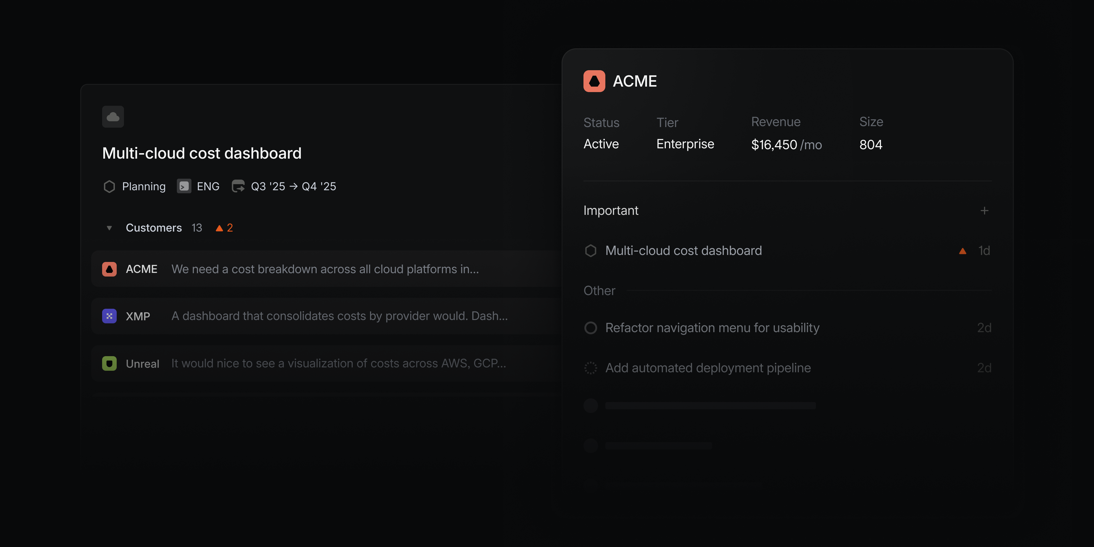 A project showing a list of customer requests including from companies Acme, XMP, and Unreal. Next to it, you see the customer page for Acme showing the requested project, a few other requested issues and projects, and key details including that Acme is an active customer, on the enterprise tier, with revenue $16,500 and 804 employees.